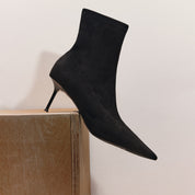 Black Pointy Elastic Heeled Ankle Boots