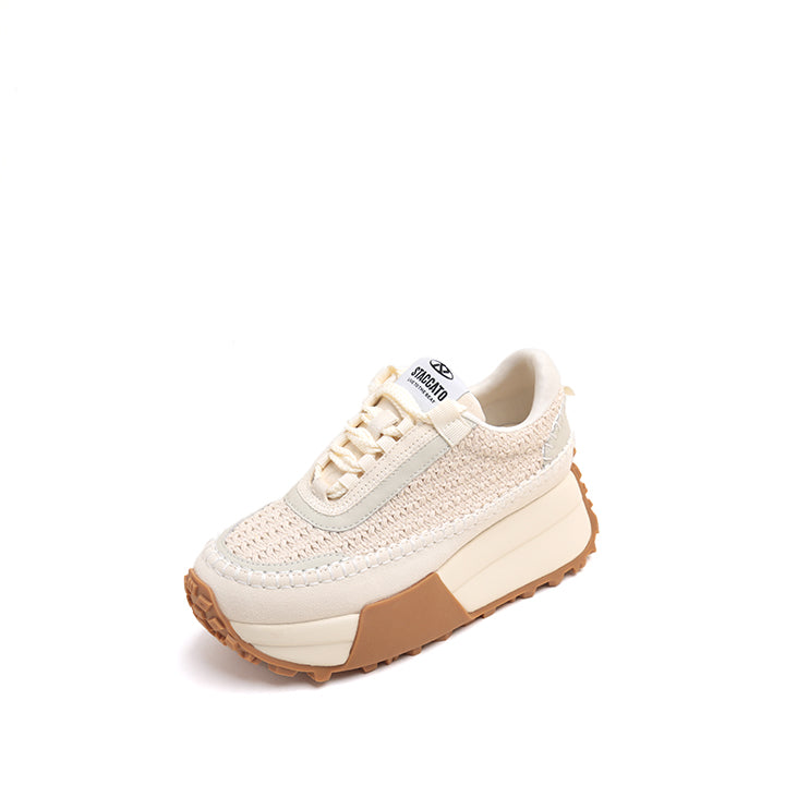 Beige Woven Knit Platform Sneakers