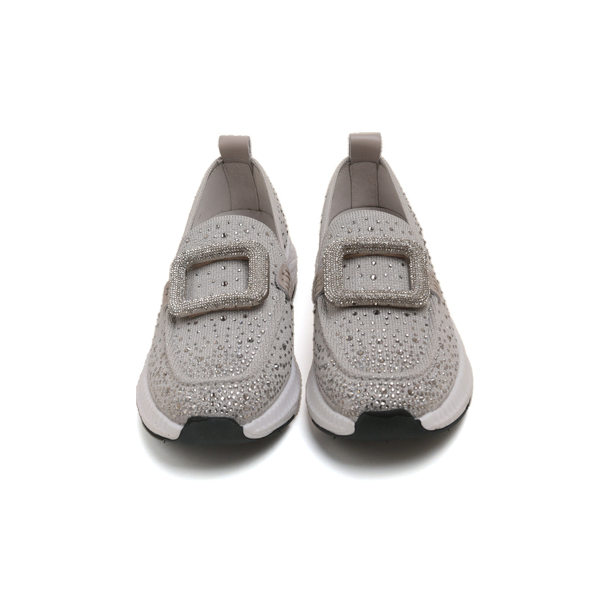 Grey Crystal Buckle Knitted Slip On Sneakers