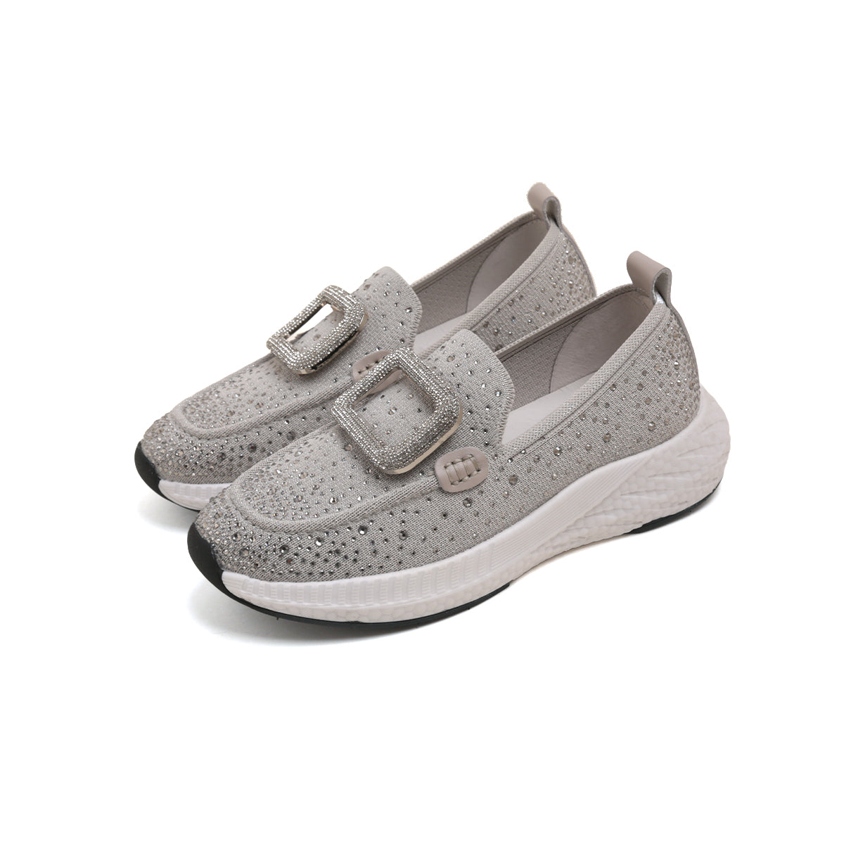 Grey Crystal Buckle Knitted Slip On Sneakers