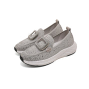 Grey Crystal Buckle Knitted Slip On Sneakers