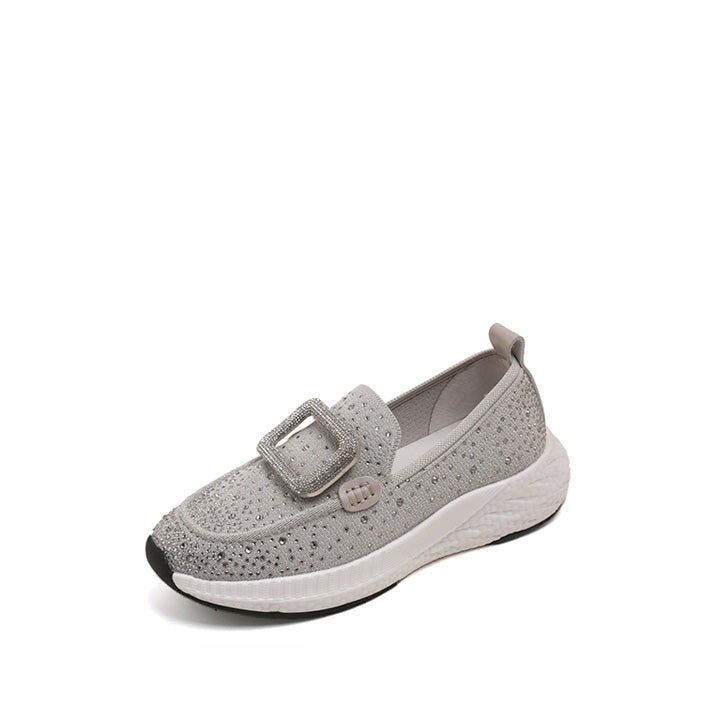 Grey Crystal Buckle Knitted Slip On Sneakers