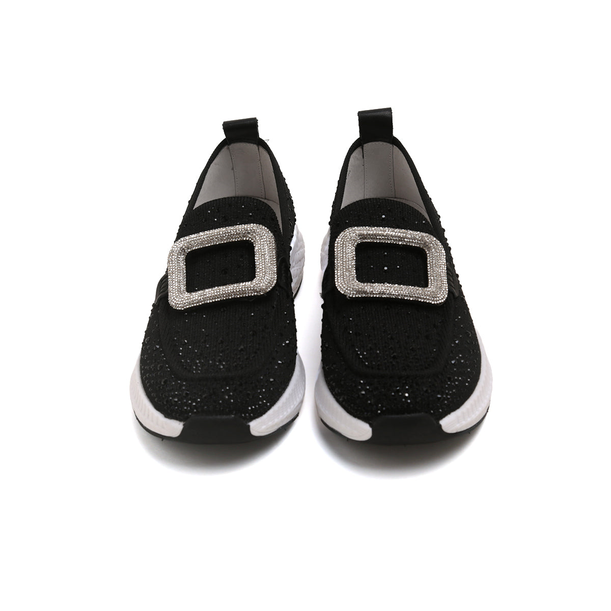 Black Crystal Buckle Knitted Slip On Sneakers