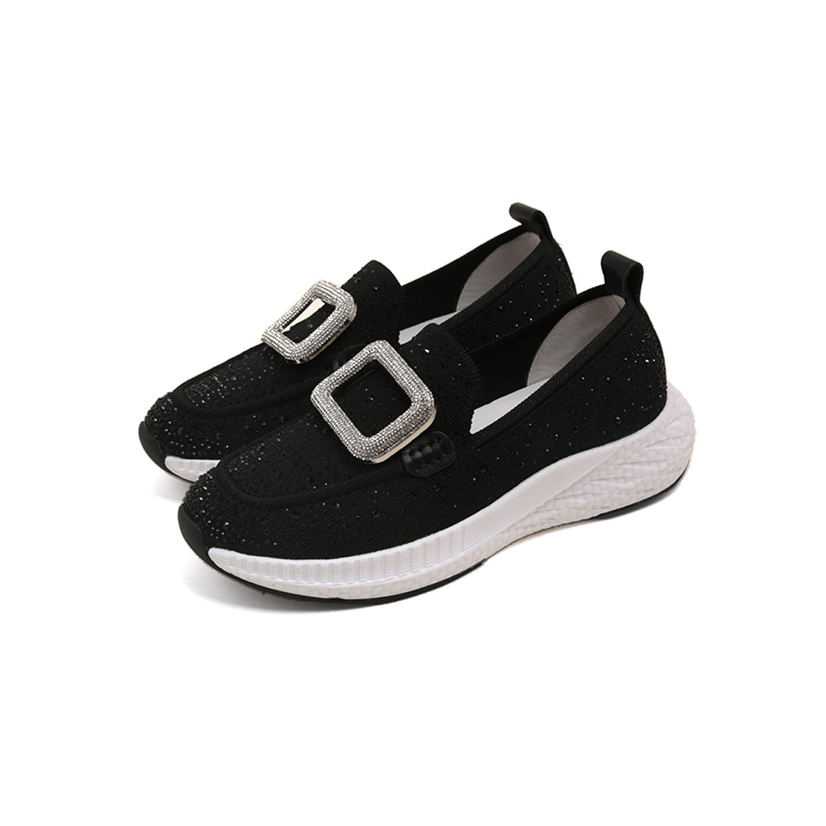 Black Crystal Buckle Knitted Slip On Sneakers
