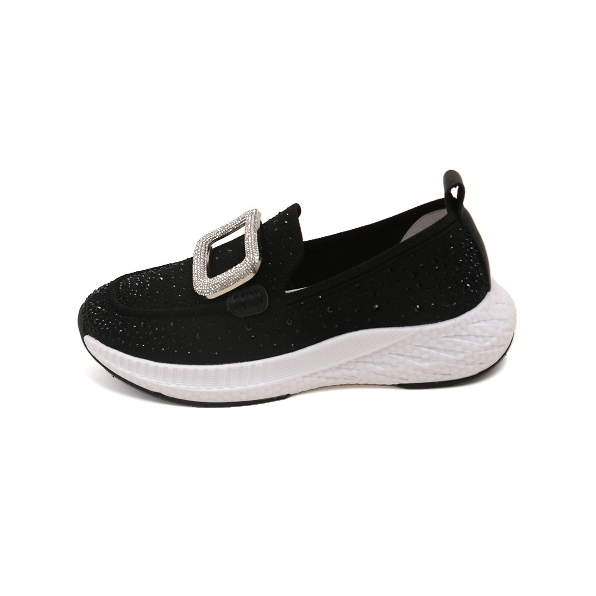 Black Crystal Buckle Knitted Slip On Sneakers