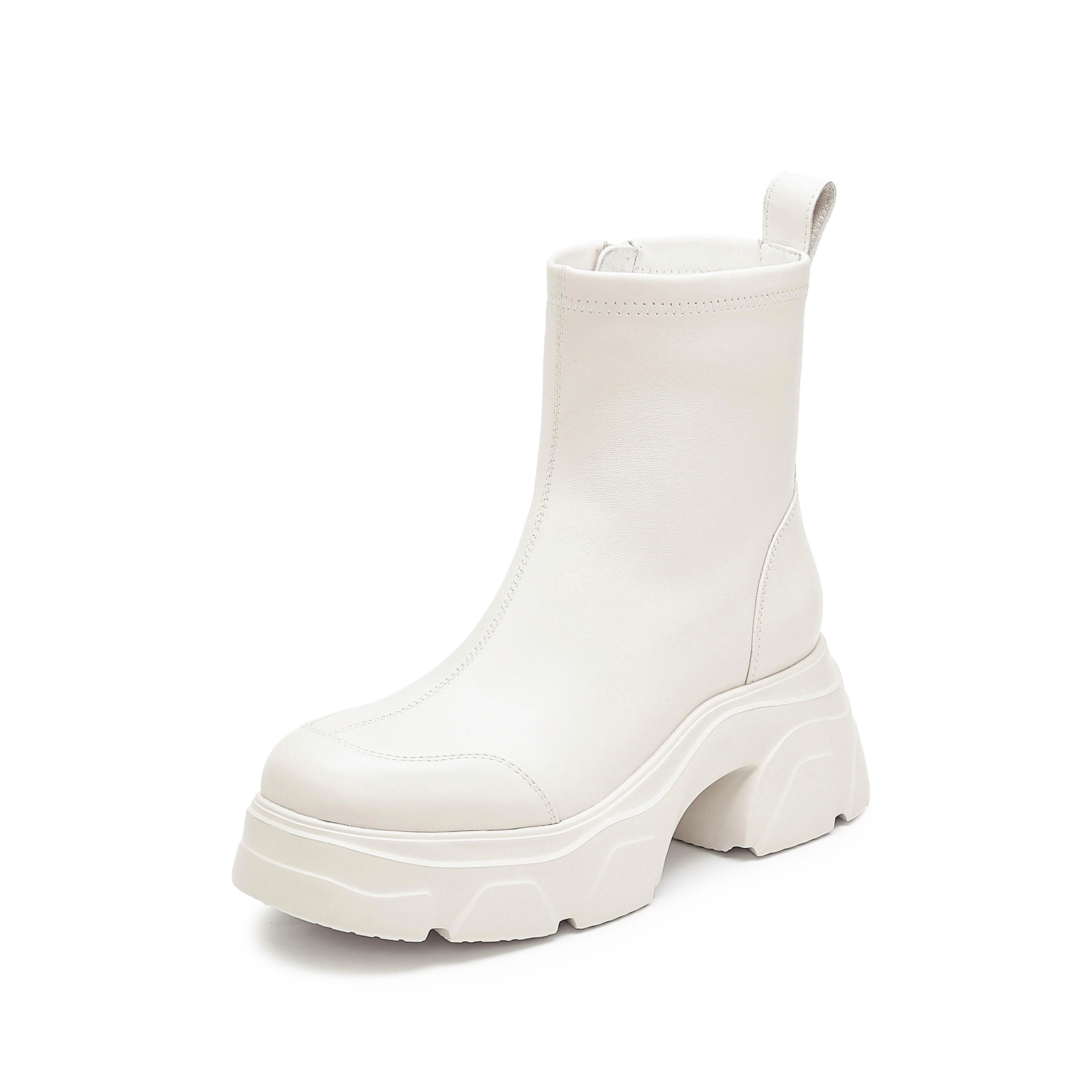 Beige Sheep Leather Platform Ankle Sock Boots