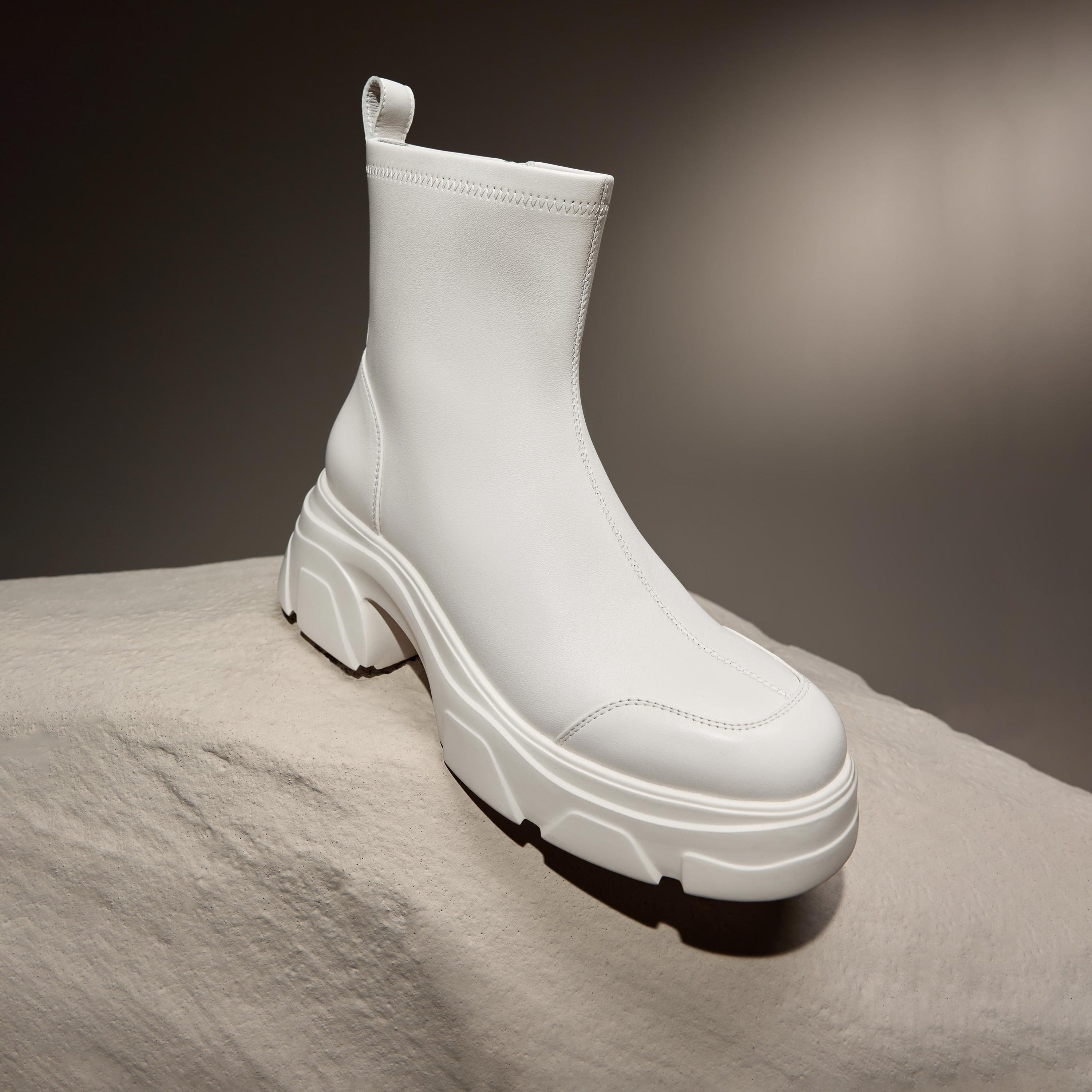 Beige Sheep Leather Platform Ankle Sock Boots