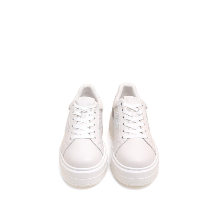 White Glitter Stripe Leather Flatform Sneakers