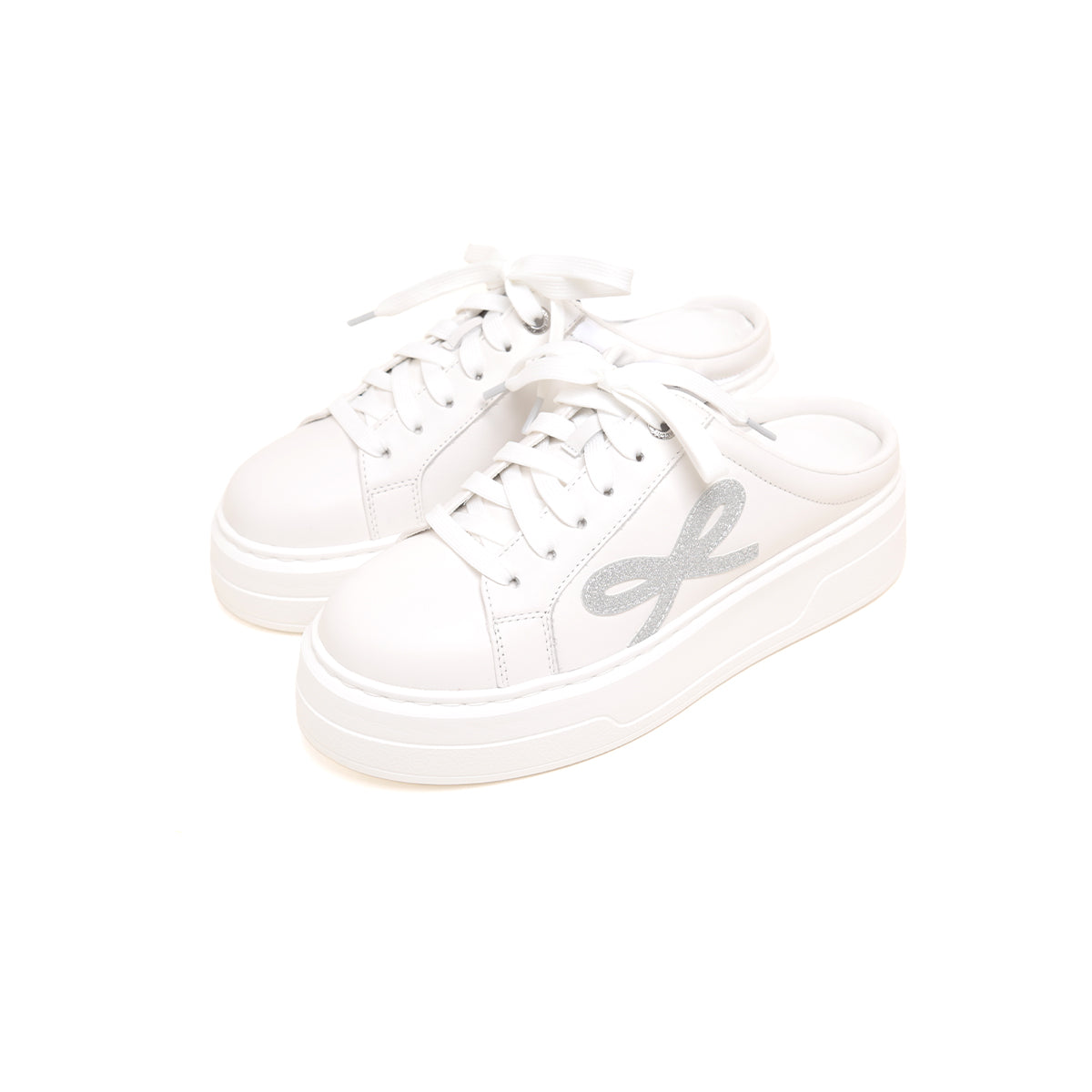 White Glitter Bow Leather Slip on Sneakers
