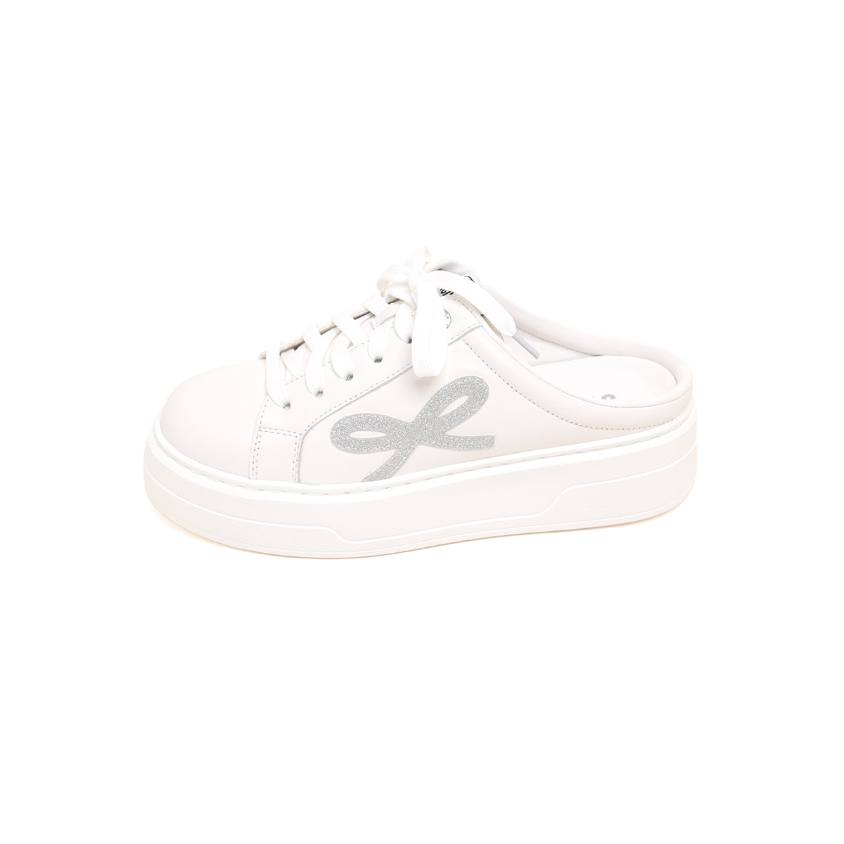 White Glitter Bow Leather Slip on Sneakers