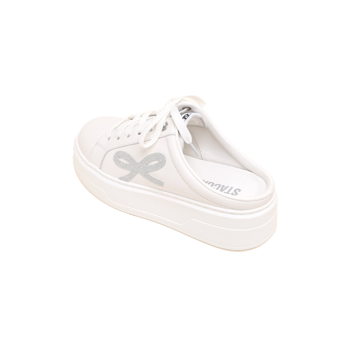 White Glitter Bow Leather Slip on Sneakers