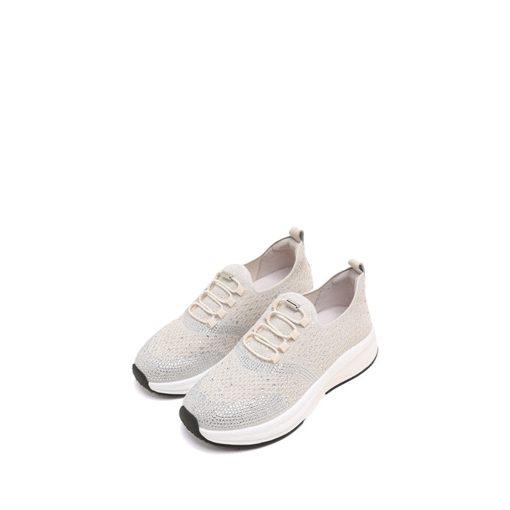 Beige Elastic Lace Up Knitted Sneakers