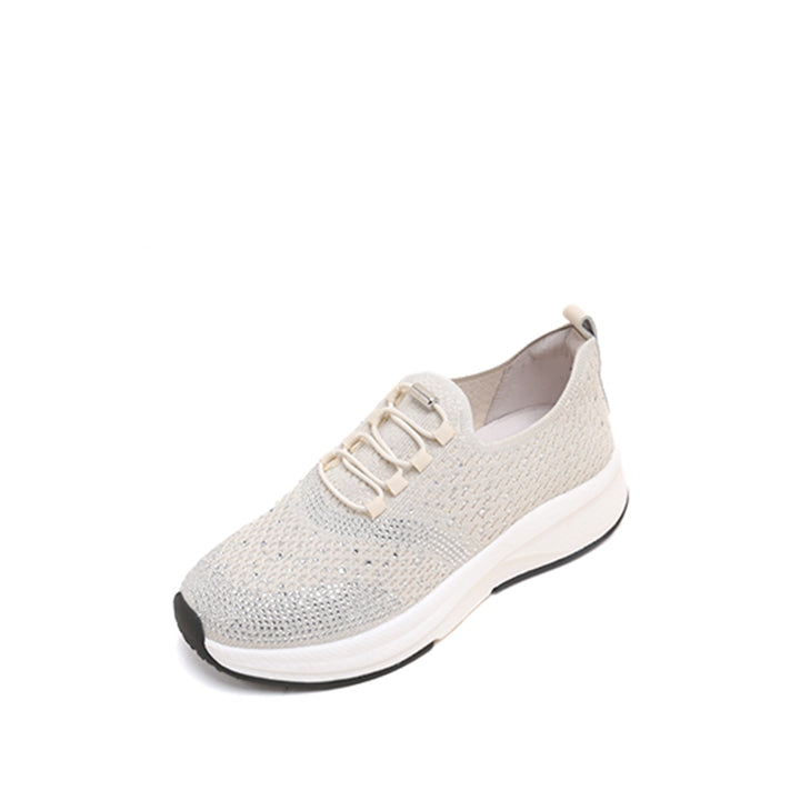 Beige Elastic Lace Up Knitted Sneakers