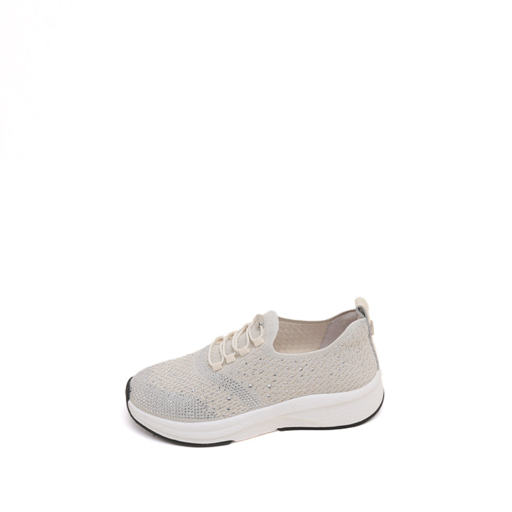 Beige Elastic Lace Up Knitted Sneakers