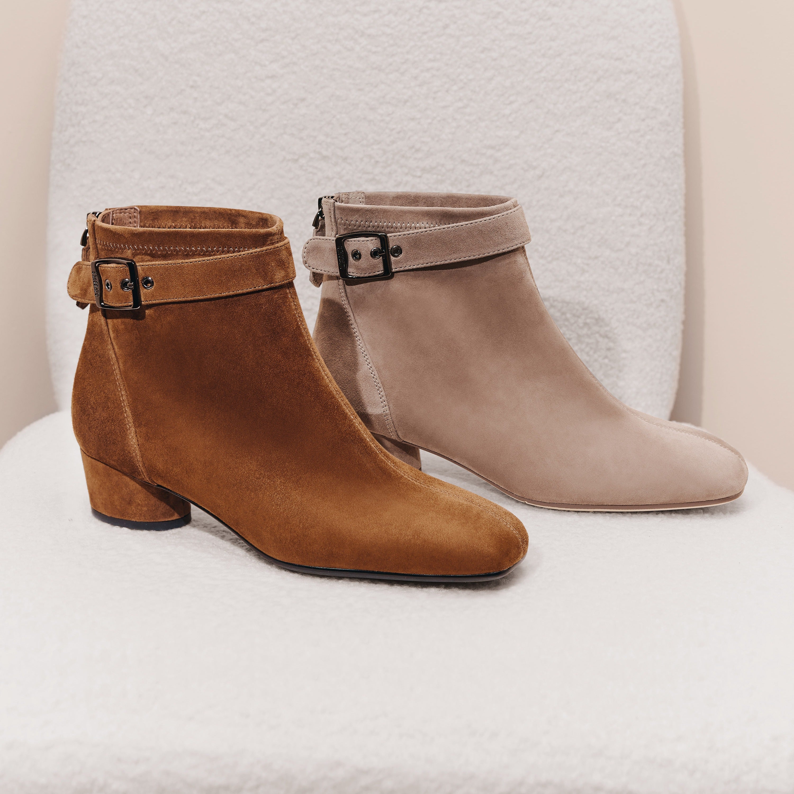 Taupe Suede Buckle Strap Ankle Boots