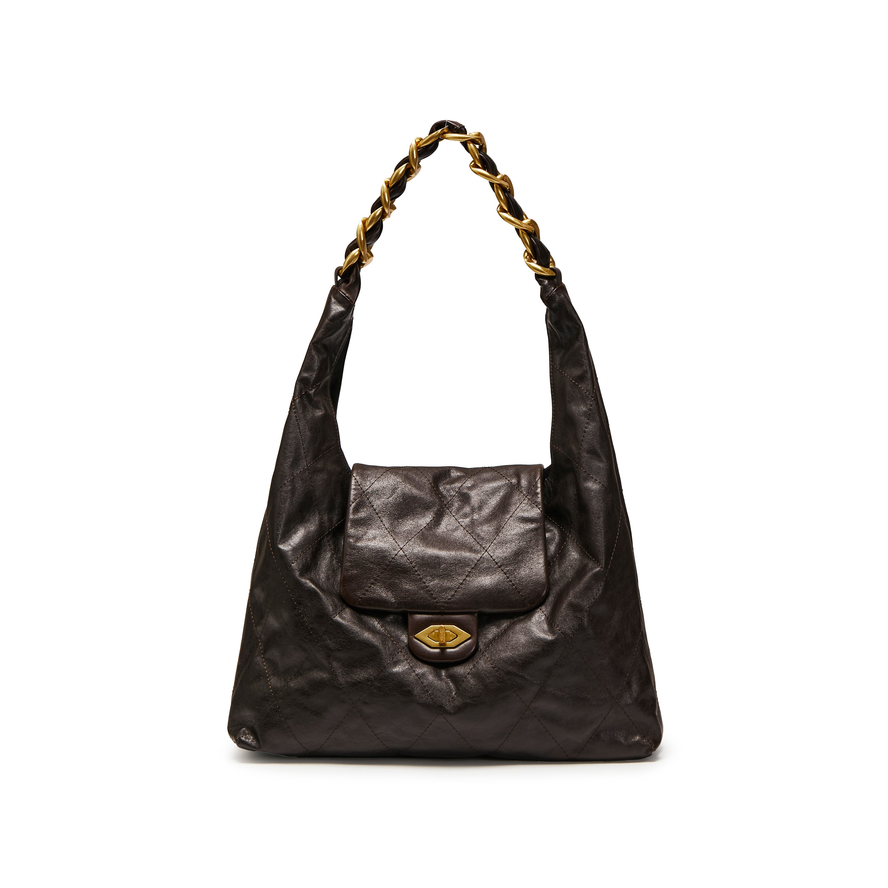 Dark Brown ST Chain Twist Lock Hobo Bags