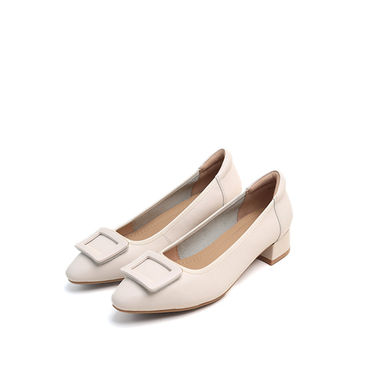 Beige Square Buckle Leather Pumps