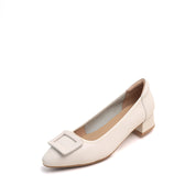 Beige Square Buckle Leather Pumps