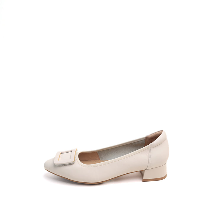 Beige Square Buckle Leather Pumps