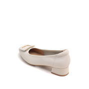 Beige Square Buckle Leather Pumps