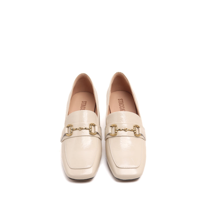 Beige Bamboo Horsebit Leather Heeled Loafers