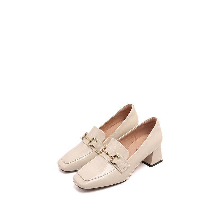 Beige Bamboo Horsebit Leather Heeled Loafers