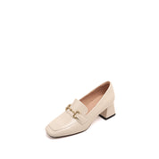 Beige Bamboo Horsebit Leather Heeled Loafers