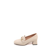 Beige Bamboo Horsebit Leather Heeled Loafers