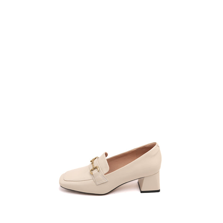 Beige Bamboo Horsebit Leather Heeled Loafers