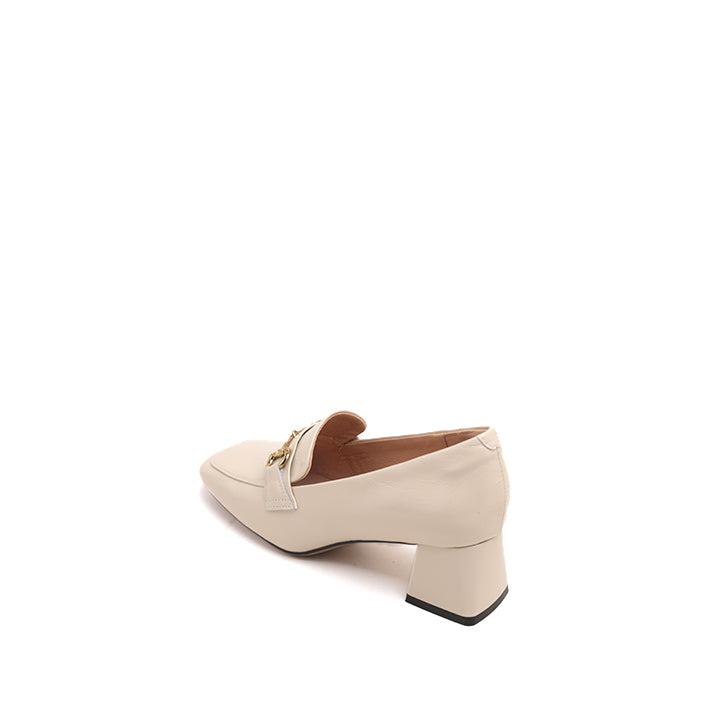 Beige Bamboo Horsebit Leather Heeled Loafers