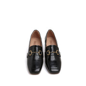 Black Bamboo Horsebit Leather Heeled Loafers