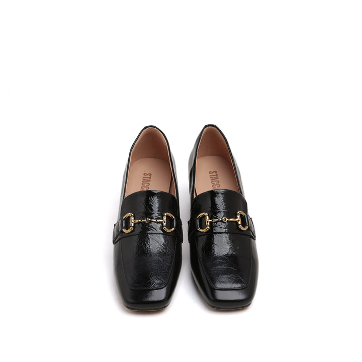 Black Bamboo Horsebit Leather Heeled Loafers