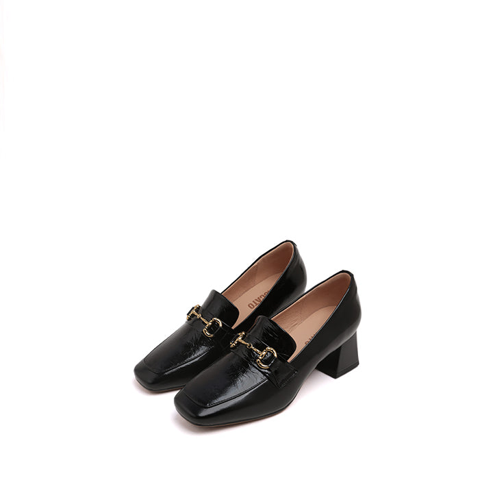 Black Bamboo Horsebit Leather Heeled Loafers