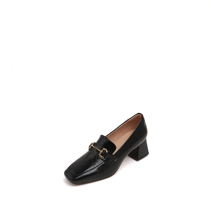 Black Bamboo Horsebit Leather Heeled Loafers