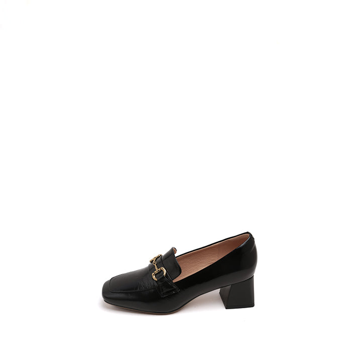 Black Bamboo Horsebit Leather Heeled Loafers