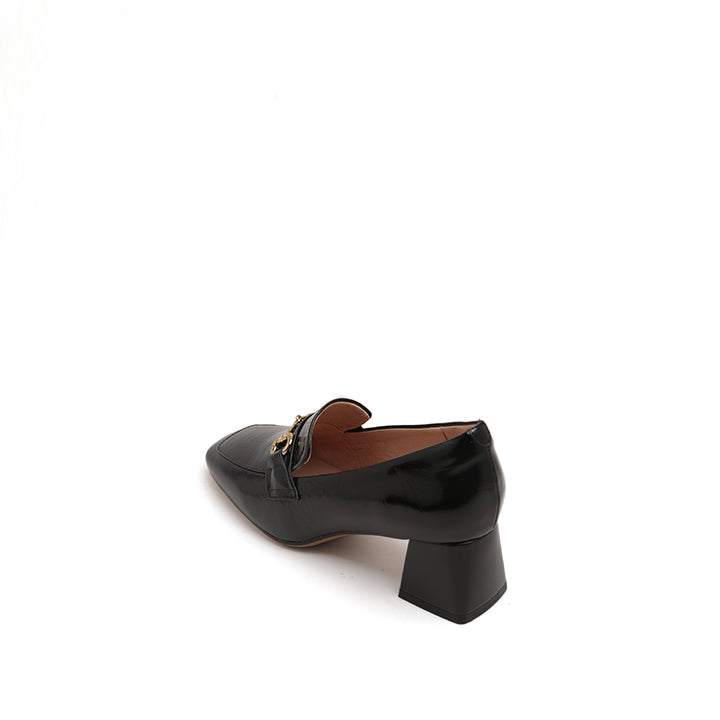 Black Bamboo Horsebit Leather Heeled Loafers