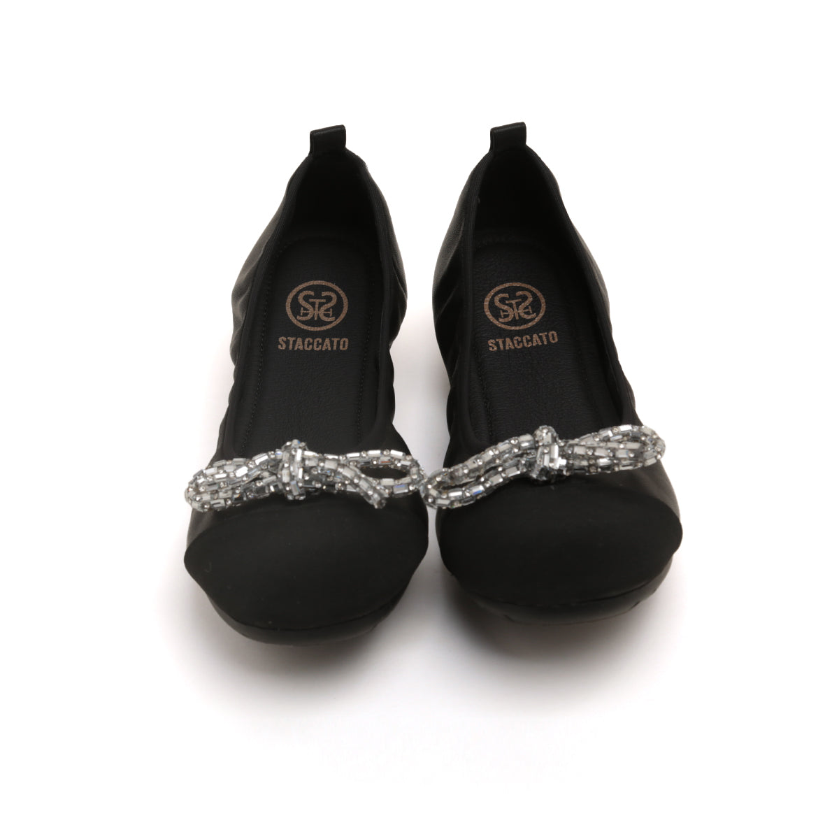 Black Crystal Bow Leather Ballerina Flats
