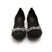 Black Crystal Bow Leather Ballerina Flats