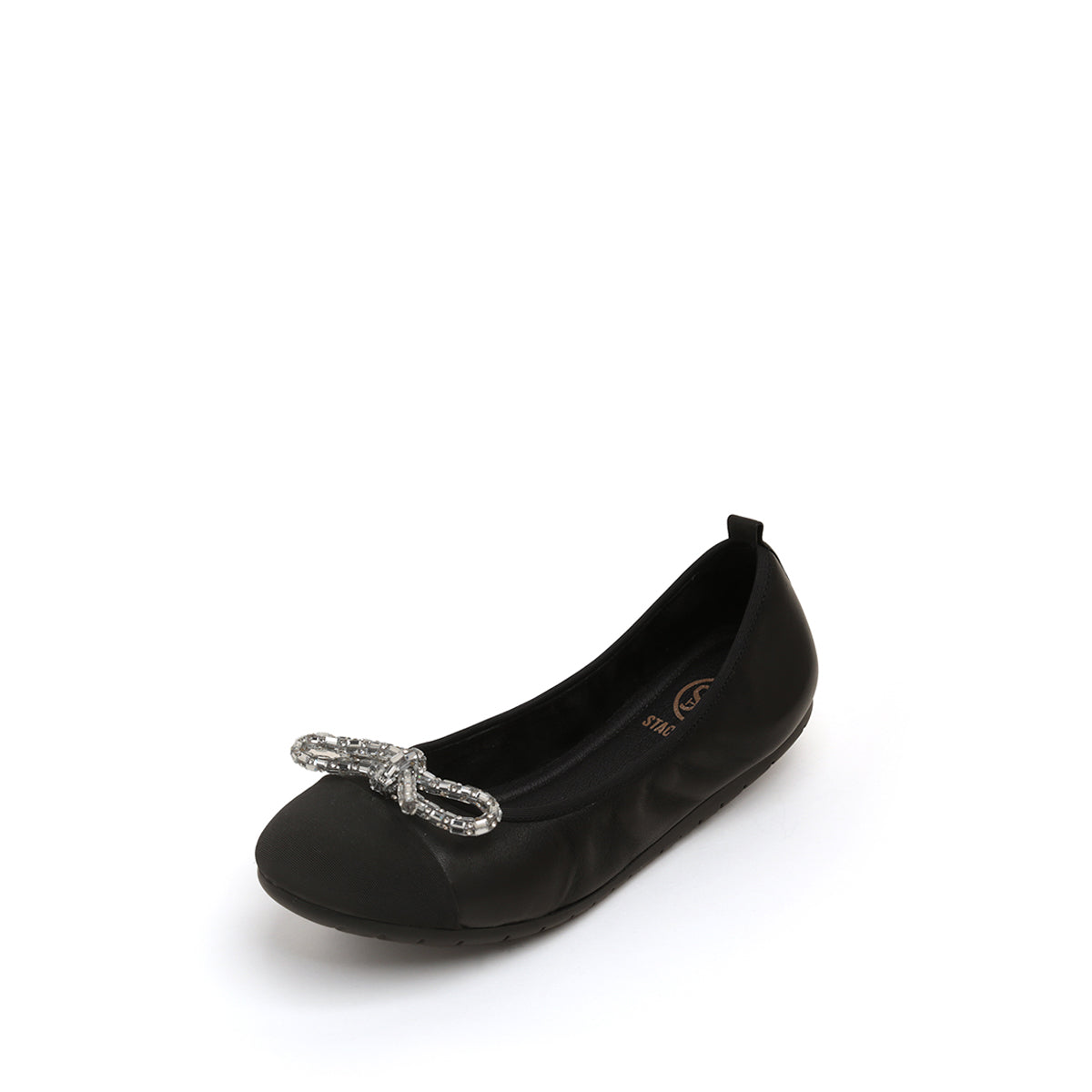 Black Crystal Bow Leather Ballerina Flats