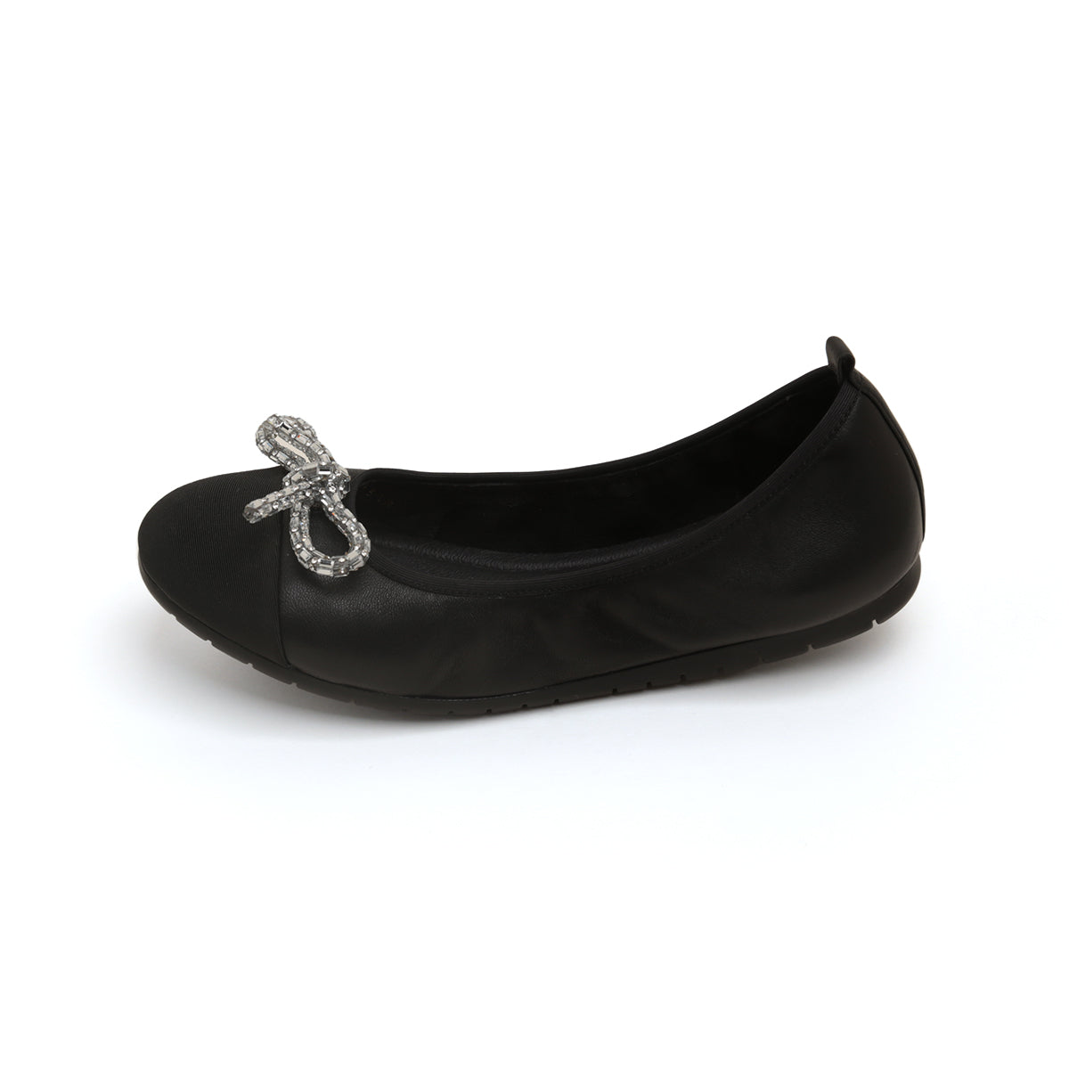 Black Crystal Bow Leather Ballerina Flats
