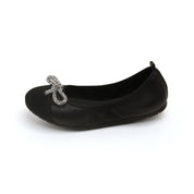 Black Crystal Bow Leather Ballerina Flats