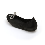 Black Crystal Bow Leather Ballerina Flats