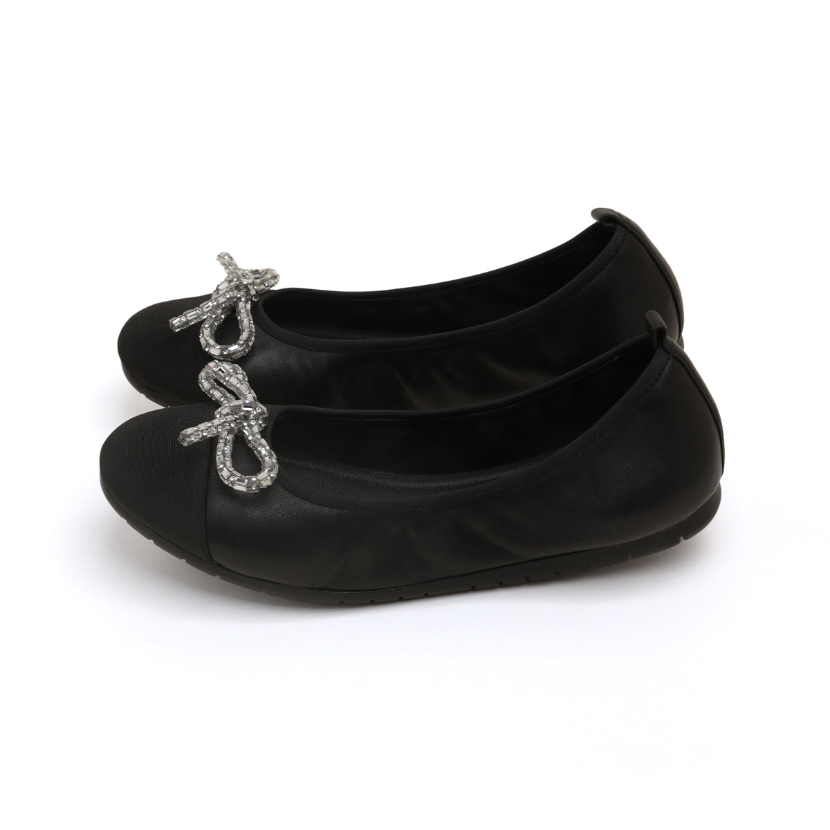 Black Crystal Bow Leather Ballerina Flats