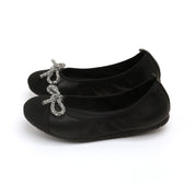 Black Crystal Bow Leather Ballerina Flats