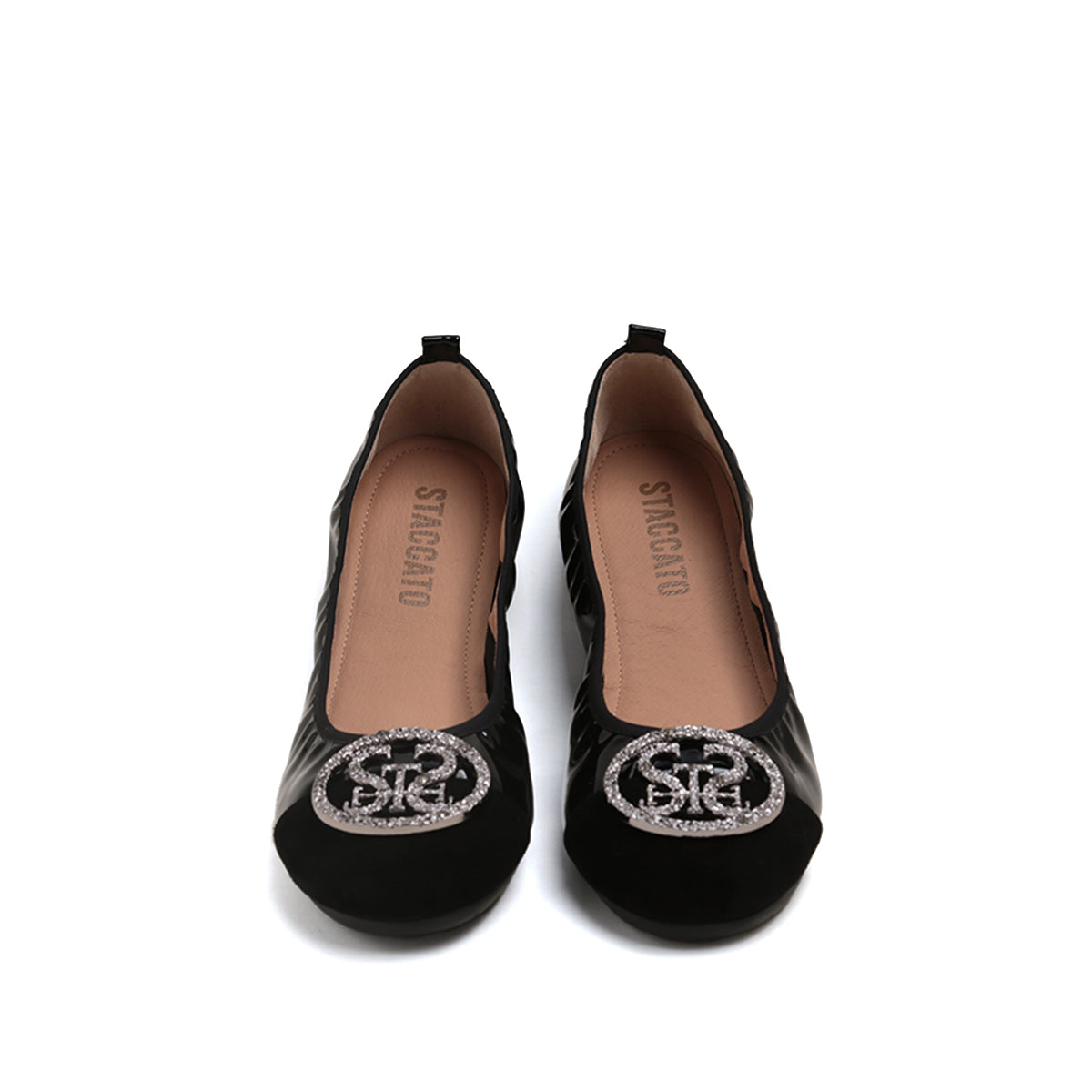 Black ST Crystal-Buckle Patent Ballerina Flats