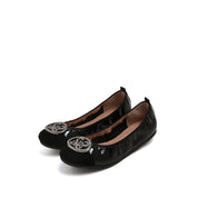 Black ST Crystal-Buckle Patent Ballerina Flats