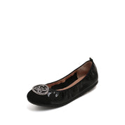 Black ST Crystal-Buckle Patent Ballerina Flats