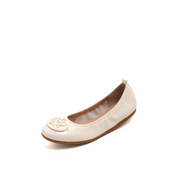 Beige ST Crystal-Buckle Leather Ballerina Flats