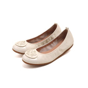 Beige ST Crystal-Buckle Leather Ballerina Flats