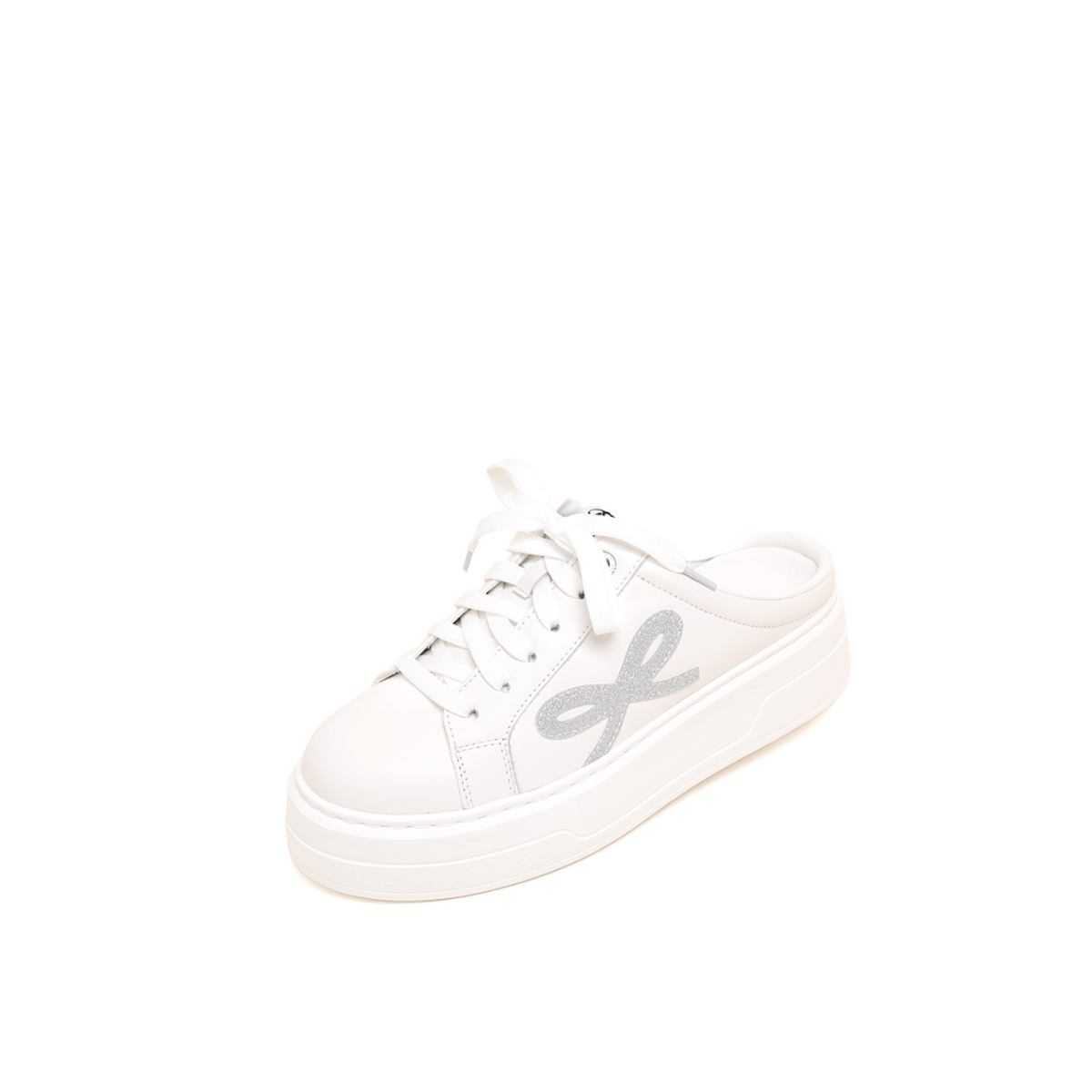 White Glitter Bow Leather Slip on Sneakers